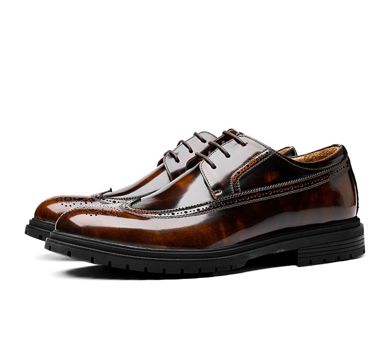 Giày Oxford nam da bò thật bề mặt bóng, đế cao su dày, kiểu brogue lịch lãm — Màu đen, Màu vàng nâu