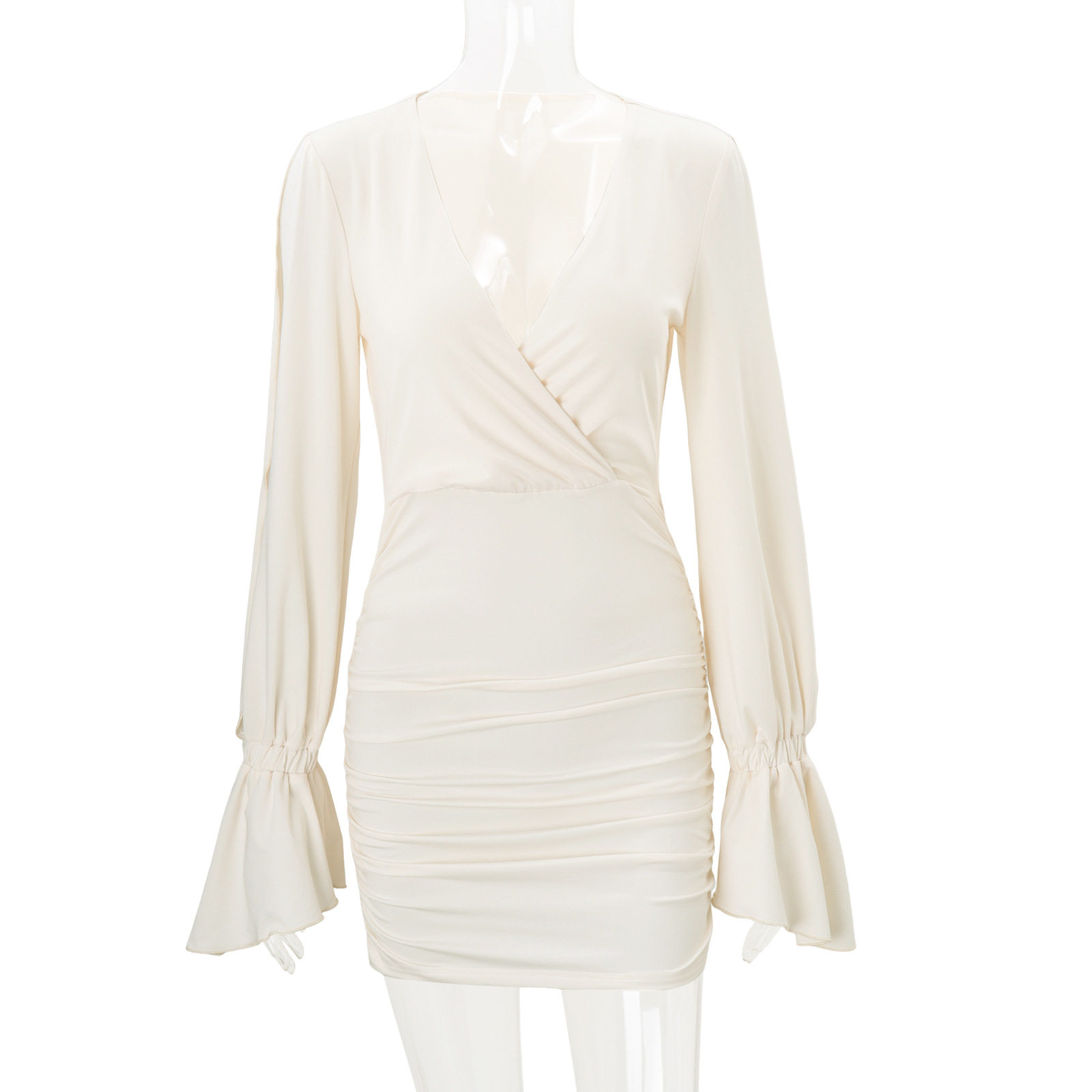 Elegant French Style Womens Bodycon Dress V Neck Flared Sleeves Waist Cinching Autumn Collection Wholesale
