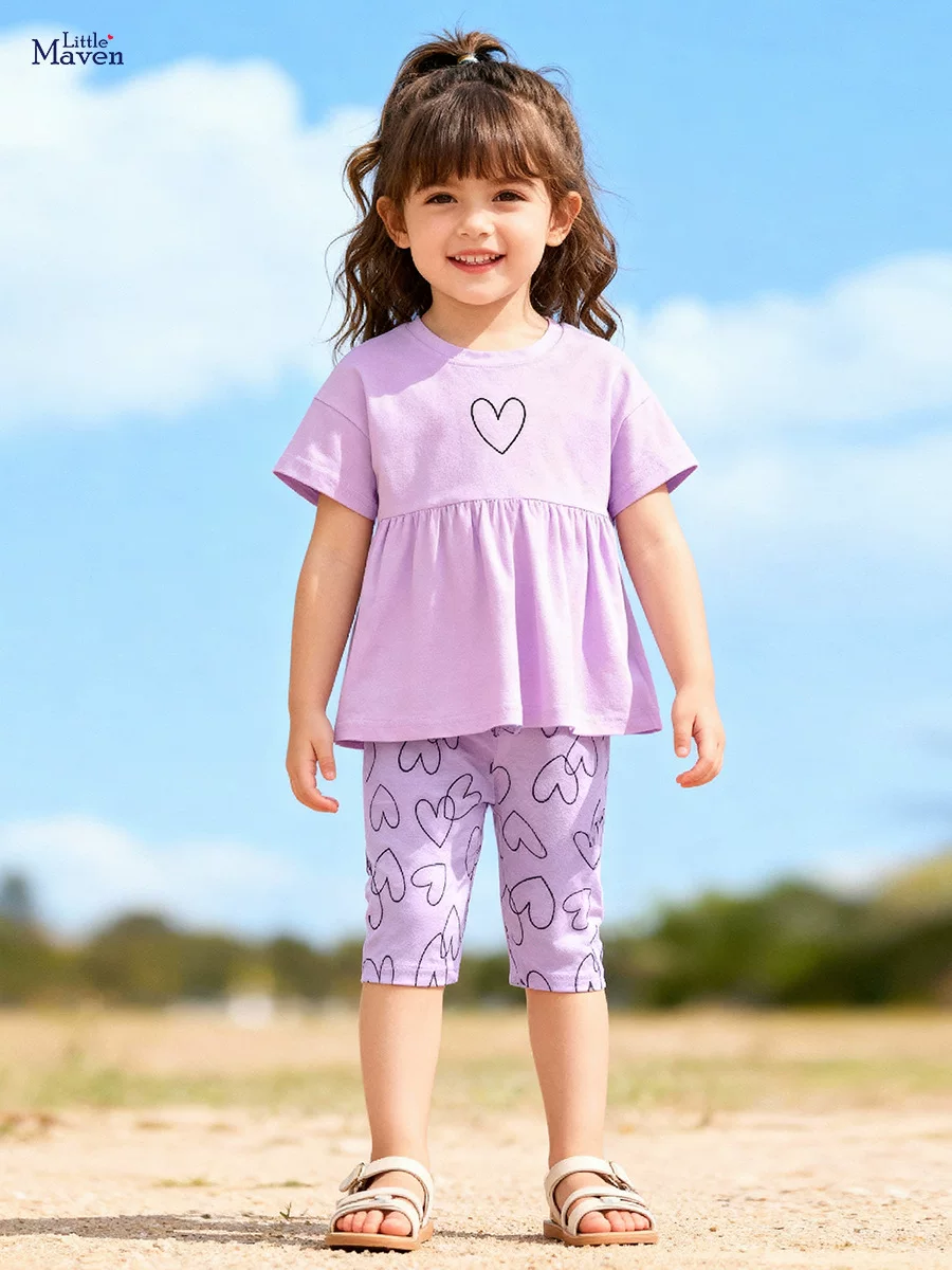 Girls' Short-Sleeve Set Wholesale, Summer Kids' Outfit, Cute Heart Baby Wear