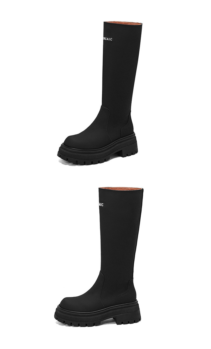 Boot nữ cổ cao ôm bắp chân da bò gót thô 6cm — Kaki nhạt lót nhung, Kaki nhạt lót nhung ống lớn, Kaki nhạt một lớp lót trong, Màu đen lót một lớp