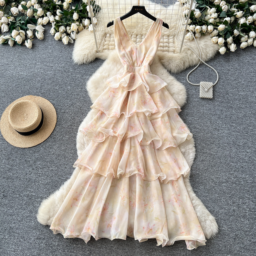 Floral Print V Neck Halter Dress Sleeveless Ruffle Hem Slim Fit Summer Casual Wear Wholesale Available