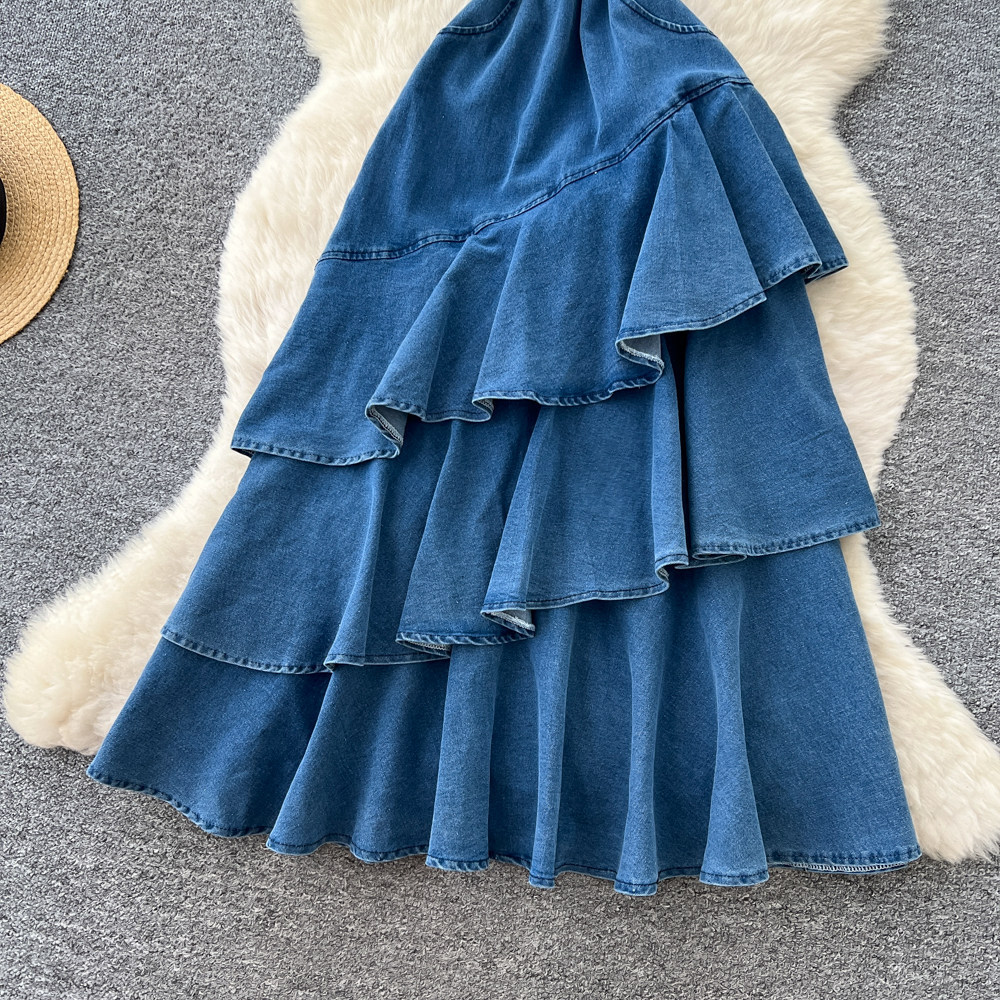Korean Style Denim Ruffle Hem Maxi Dress Irregular Fish Tail Design Slim Fit Summer Fashion Wholesale Available