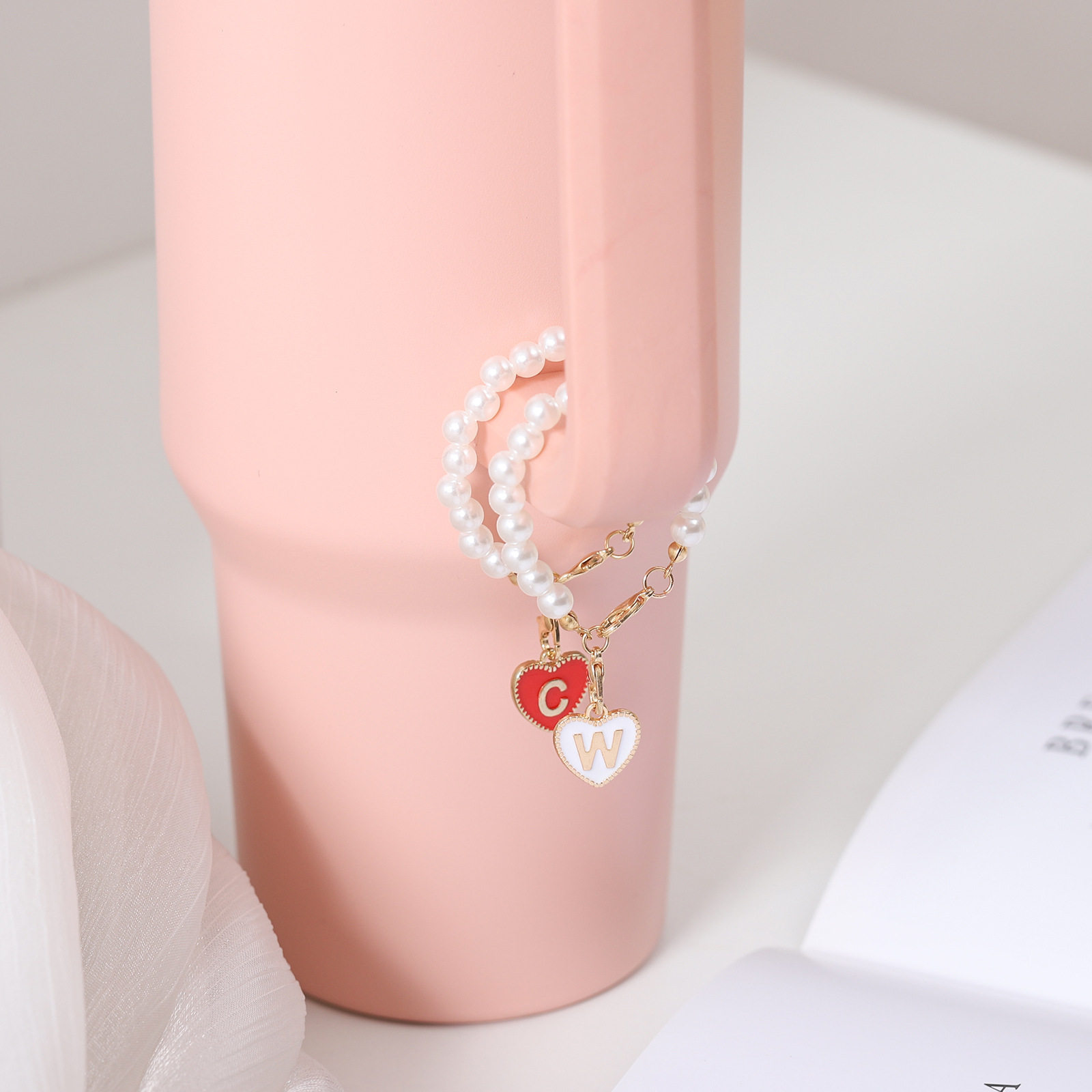 Cross-border keychain si tamli Cup accessories Pearl Chain love chain with lobster buckle hanging 26 English letters