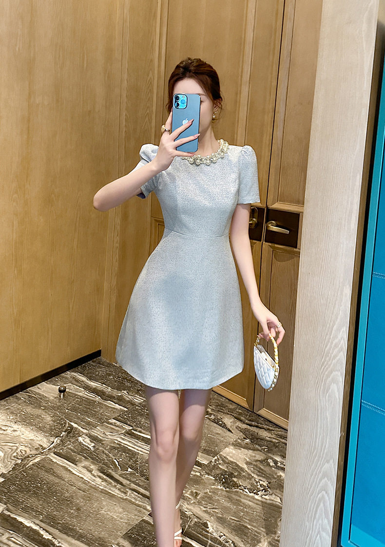 Đầm suông nữ cổ tròn tay ngắn dáng chữ A phong cách Chanel — [Xanh nhạt] chi tiết 4