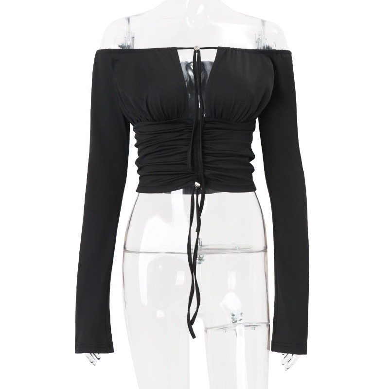 Womens Long Sleeve Off Shoulder Crop Top Solid Color Hollow Out Lace Up Design Trendy Autumn Fashion Wholesale