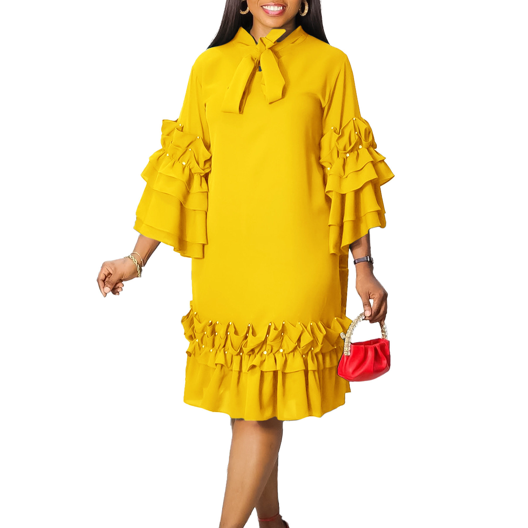 Elegant Layered Ruffle Bell Sleeve Dress Fashionable Loose Fit Tie Detail Perfect for Casual or Formal Occasions