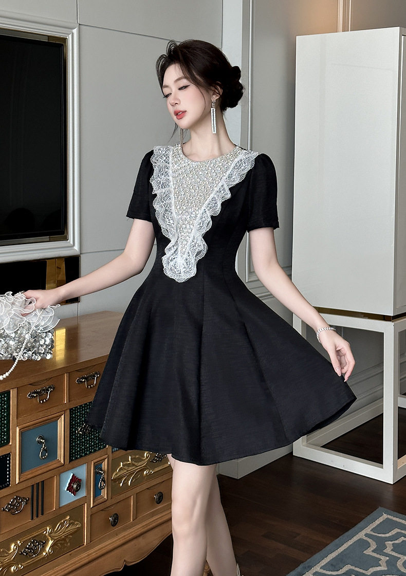 Đầm suông nữ midi tay ngắn cổ tròn A-line phong cách Hàn Quốc — [Đen] chi tiết 6