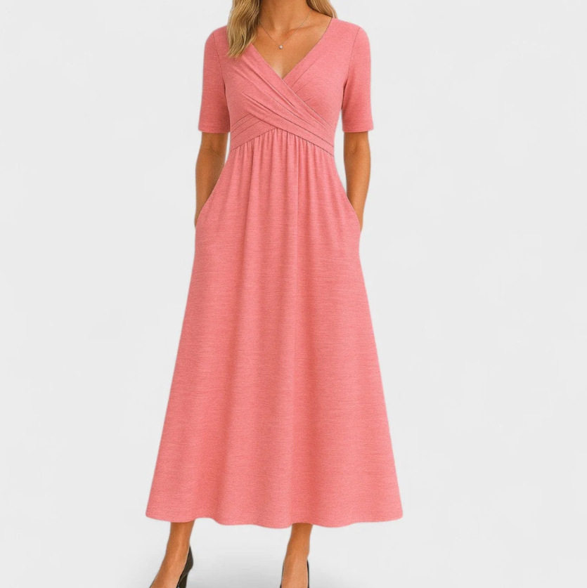 Elegant Womens Solid Color Maxi Dress V Neck Mid Sleeve Summer Style Available for Wholesale