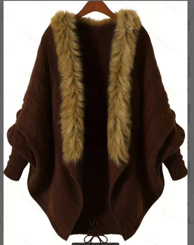 2026春秋冬时尚新款欧美蝙蝠衫宽松大码毛衣针织衫系带开衫毛领女