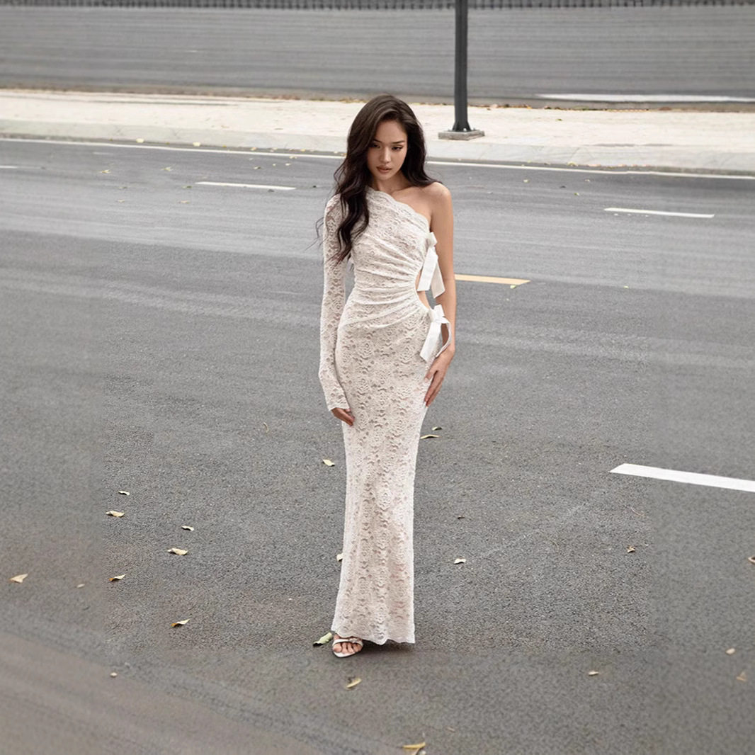 Lace One Shoulder Dress Sexy Hollow Out Long Sleeve Bow Detail Autumn Winter Fashion Wholesale Available