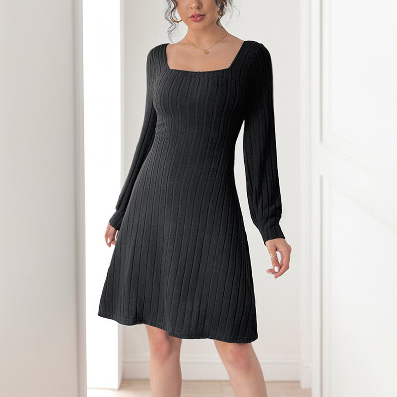Lace Backless Knitted Dress Bow Tie Detail Square Neck Solid Color Elegant Evening Wear OEM Available