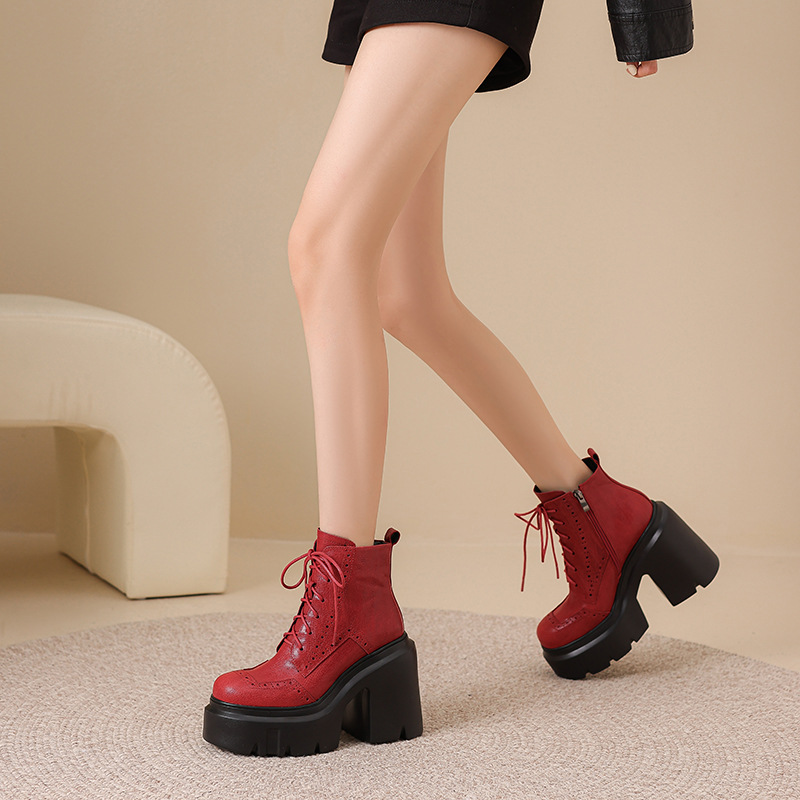 Boot Cổ Thấp Nữ Cao 12cm Tăng Chiều Cao Đế Cao Hàng Mùa Xuân Thu Đông Phục Cổ Cổ Điển