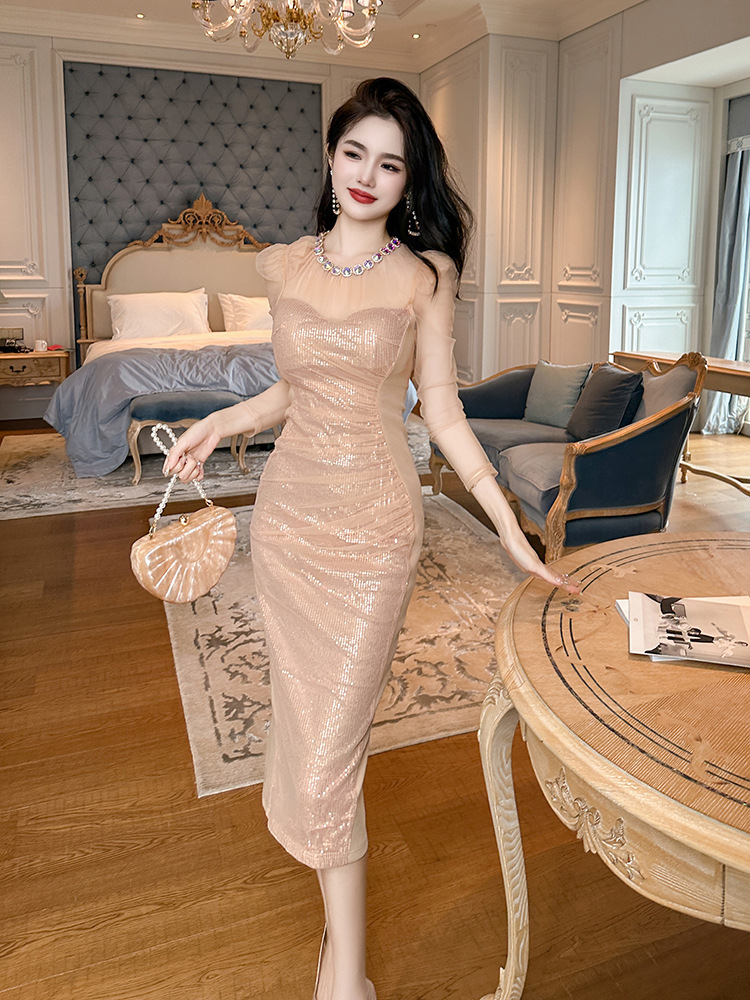 Đầm dạ hội vàng sang trọng dài tay đính đá phối lưới sequin tôn dáng — Màu vàng sương mù