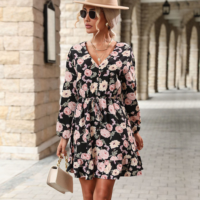 V Neck Long Sleeve Printed Dress Elegant Autumn Fashion Womens Casual Wear Wholesale Available