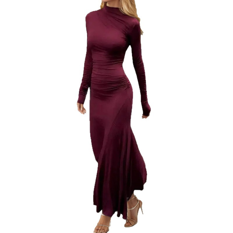 Womens Spring Dress Fashionable Solid Color Slim Fit Ruched Design Perfect for Casual or Formal Occasions