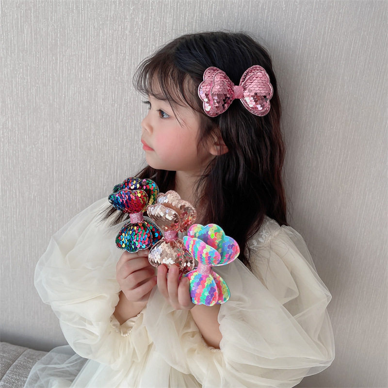 Children's Hairpin Korean-style Double-layer Bow Sequin Girl's Performance Side Clip Girl's Meatball Head Cute Sweet Hairpin