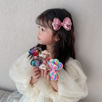 Children's Hairpin Korean-style Double-layer Bow Sequin Girl's Performance Side Clip Girl's Meatball Head Cute Sweet Hairpin