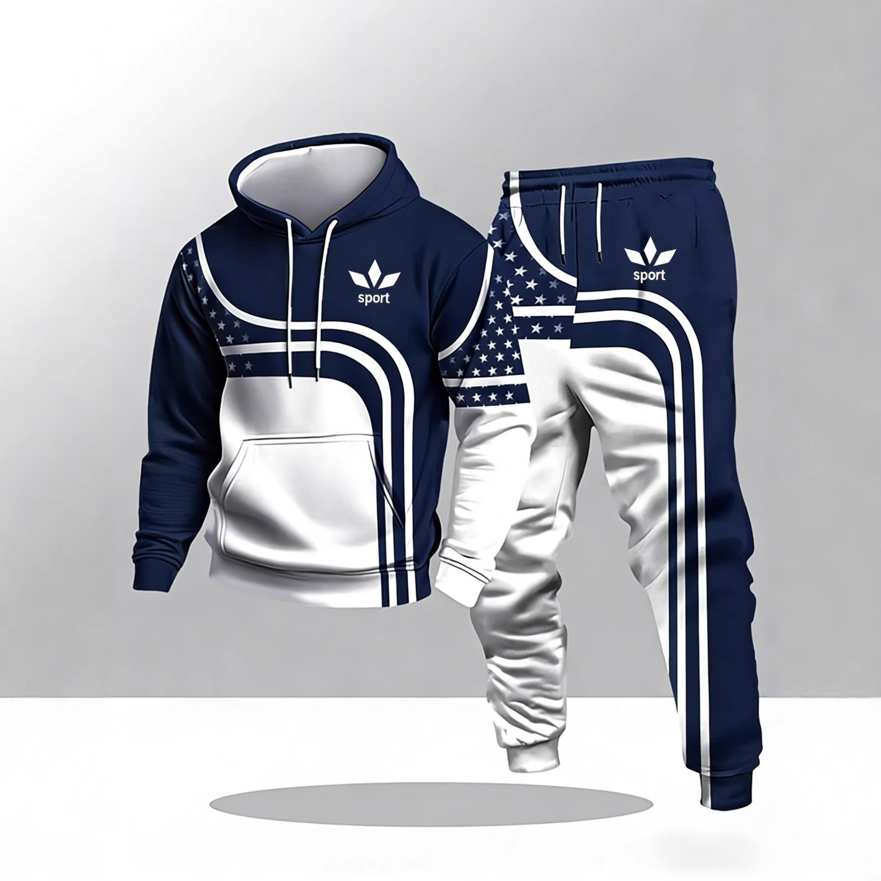 Men's sporty stars and stripes contrasting color hooded suit casual sweatshirt and trousers two-piece set
