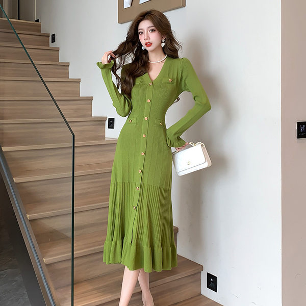Váy Dệt Kim Nữ Cổ chữ V Tay Dài Xếp Ly Viền Bèo Nhún Màu Đen, Kem, Xanh