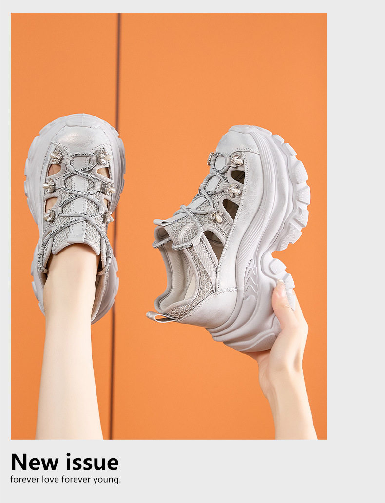 Giày sneaker nữ đế dày chunky phong cách thể thao đa năng, gót 8 cm — Xám, Trắng chi tiết 12