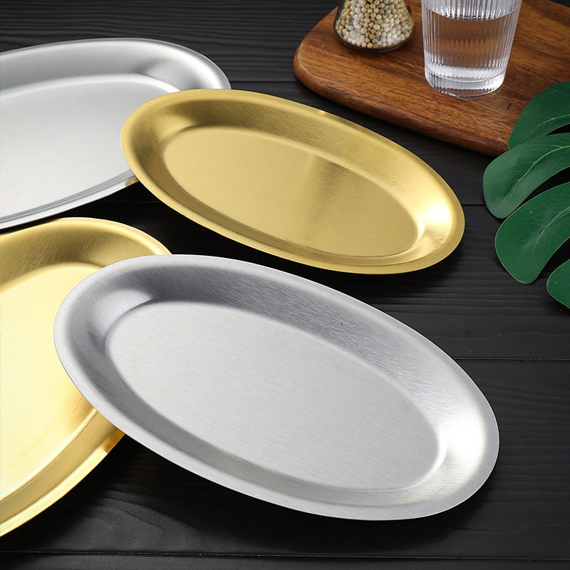 Korean Stainless Steel Egg-Shaped Plate Oval Plate Restaurant Thickeneded Fish Plate Commercial Flats Bottom Shallow Plate Golden Barbecue Plate