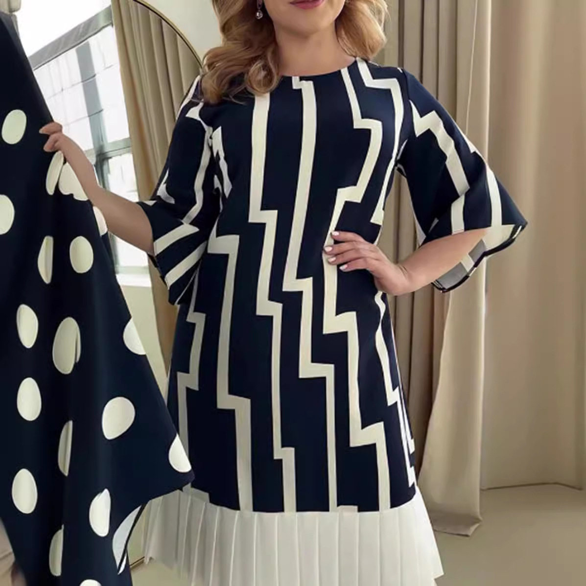 Summer Womens Pleated Dress Round Neck Striped Patchwork Elegant Style Perfect for Casual Outings Wholesale