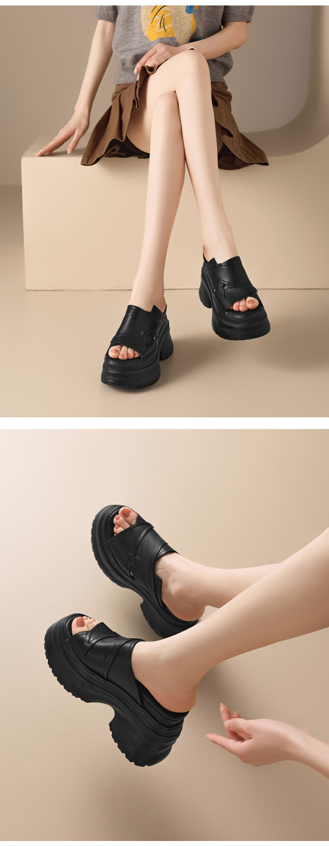 Dép sandal nữ quai ngang đế dày tăng chiều cao 12cm, mũi hở, da bò thật — màu đen, Màu trắng ngà-
