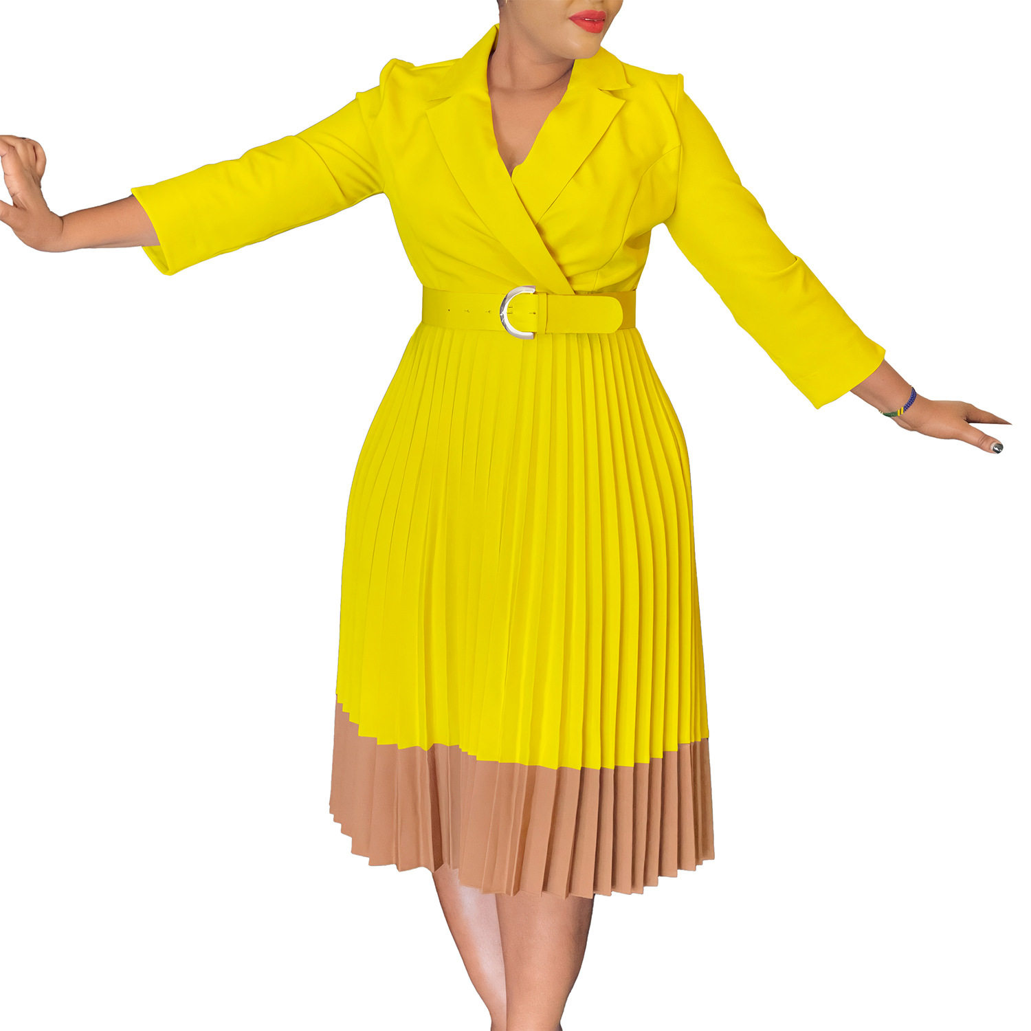 Elegant Color Block African Dress Spring Fashion Suit Collar High Waist Pleated Design Perfect for Office Wear