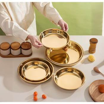 Food Grade Simple Golden Stainless Steel Dish Tray Household Steam Plate Cold Cake Plate Round Barbecue Plate Fruit Plate