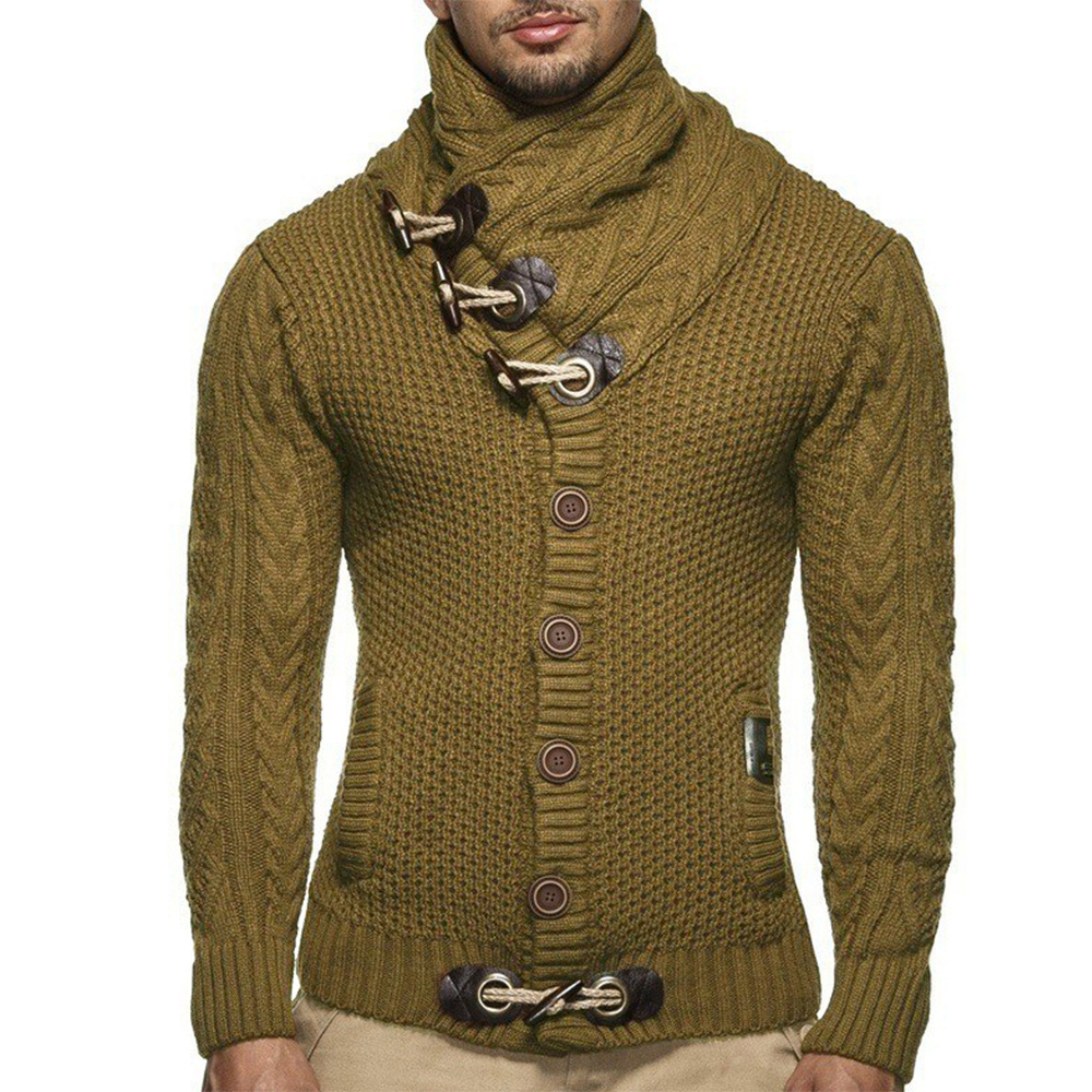 欧美跨境外贸秋冬季男士修身高领单排扣开衫大码长袖针织毛衣男装