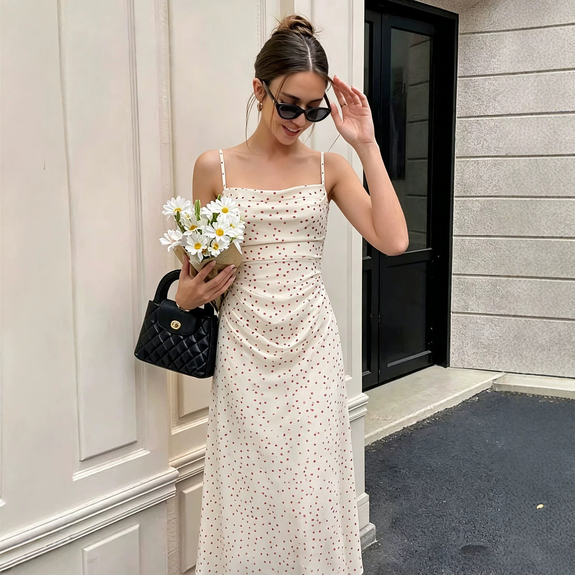 French Style Polka Dot Slip Dress Sleeveless Bodycon Fit Elegant Neckline Summer Vacation Wear Wholesale Available