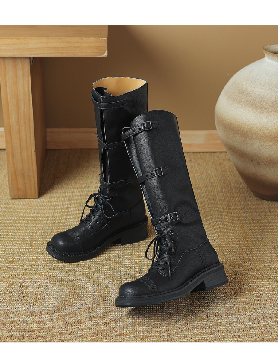 Boot nữ cổ cao da bò buộc dây khóa thắt lưng gót thô — Màu đen lót một lớp, Màu đen lót nhung, Màu nâu lót một lớp, Màu nâu lót nhung