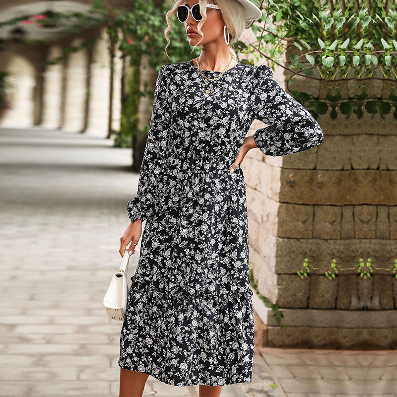 Womens Long Sleeve Black Floral Dress Elegant Design Autumn Winter Style Wholesale Available OEM ODM service