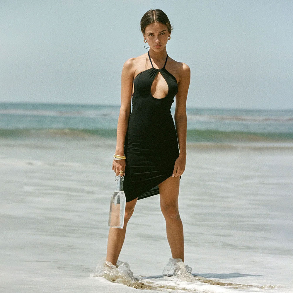 Summer Hollow Out Halter Dress Sexy Backless High Slit Slim Fit Beachwear for Women Wholesale Available