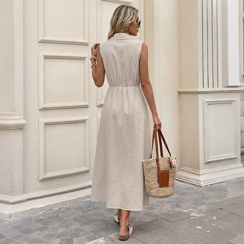 Sleeveless Shirt Dress Simple Design Waist Defining Solid Color Office Wear Casual Outing Wholesale Available