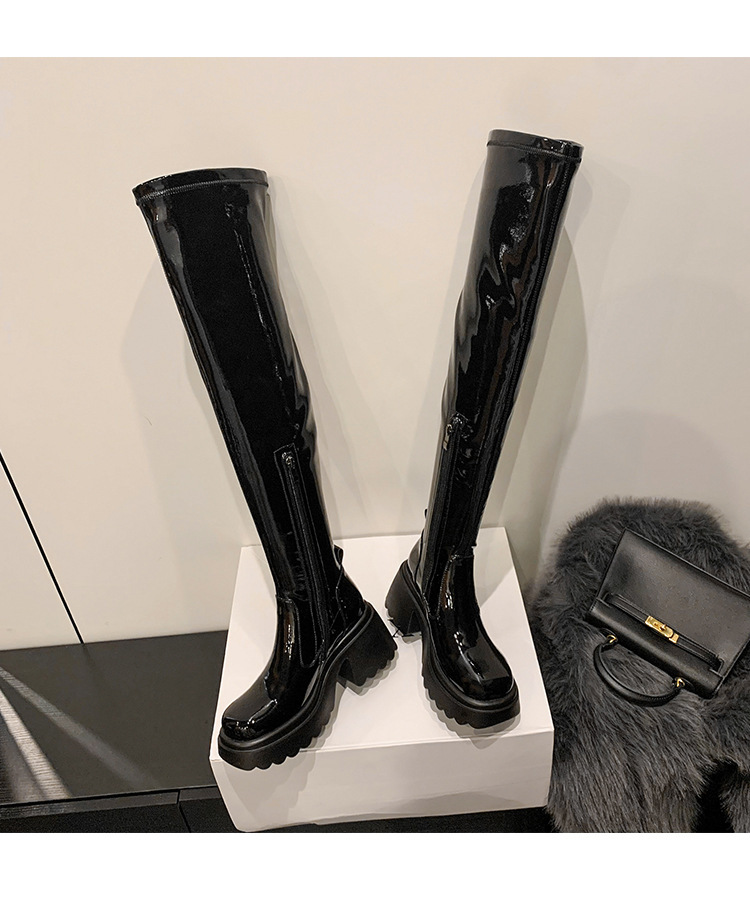 Boot nữ qua gối da bóng gót vuông 8cm cổ co giãn — Bọc ống to da bò, Chu vi ống lớn bằng da sáng chế, Ống tiêu chuẩn da bò, Ống tiêu chuẩn da sơn