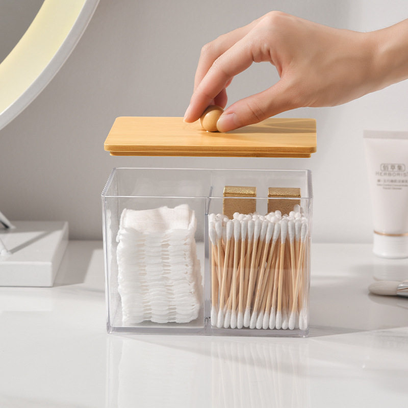 Wave Pattern Square Storage Box Desktop Compartment Storage Box Bamboo Cover Dust-Proof High-Transparency Cotton Swab Storage Box