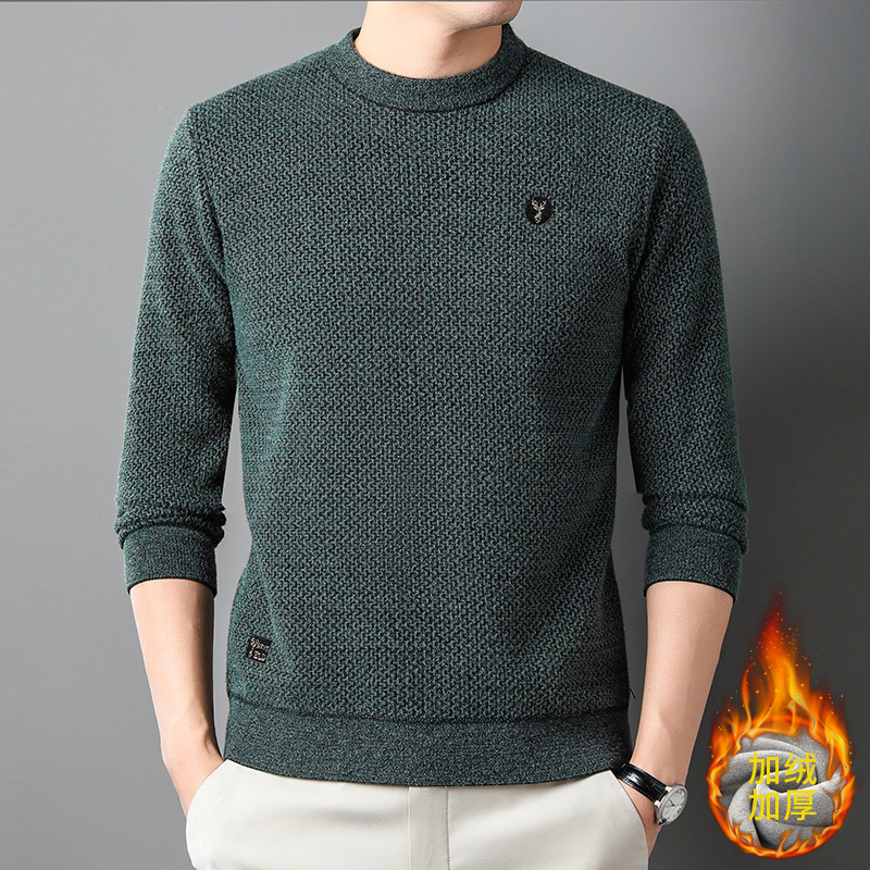 男士加绒雪貂绒针织毛衣青年男款时尚刺绣加厚保暖打底衫上衣男