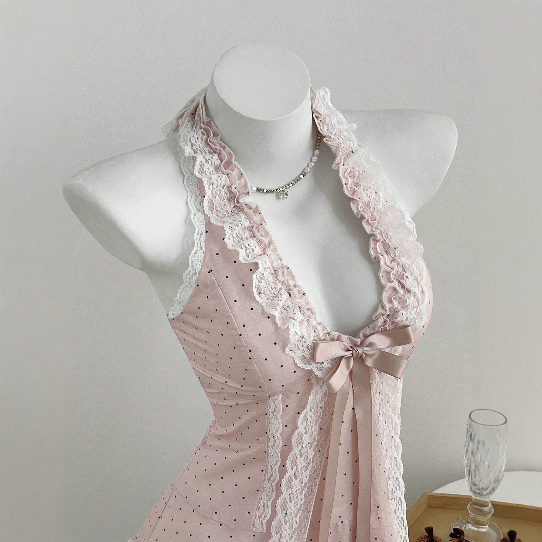 Polka Dot V Neck Cake Dress Bow Tie Neckline Waist Defined Womens Fashion Perfect for Parties and Events Ready to