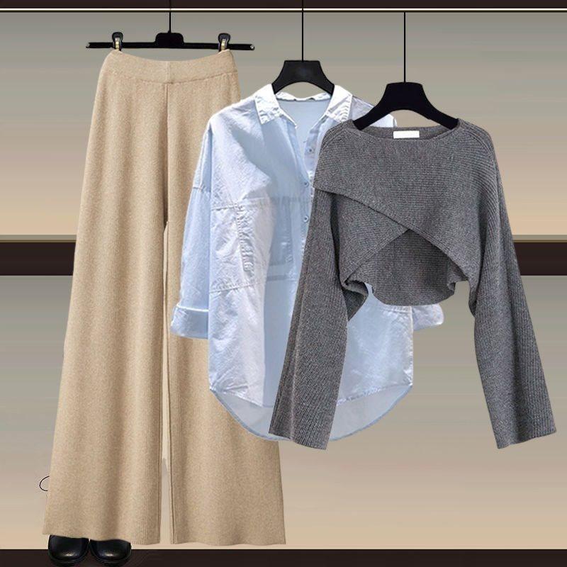 Autumn and Winter Suit for Women 2025 New Large Size Women's Knitted Sweater Women's Fashion Slim Shirt Wide Leg Pants Three-Piece Set