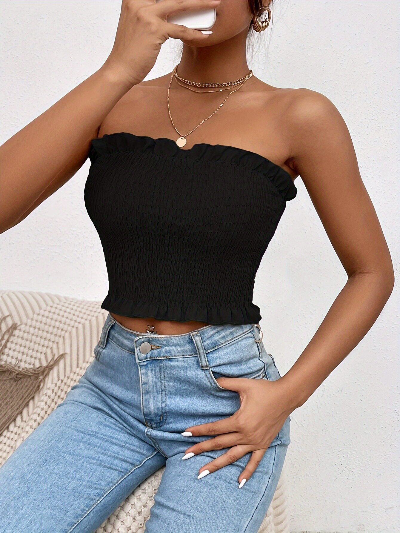 Womens Sexy Ruched Strapless Top Breathable Fabric Anti Slip Design Versatile Layering Ideal for Casual Wear or