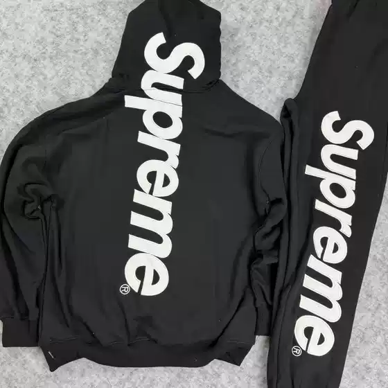 Cross-border supSS2BOX large logo patch embroidery casual suit with fleece-lined pants and loose-fitting hooded sweatshirt