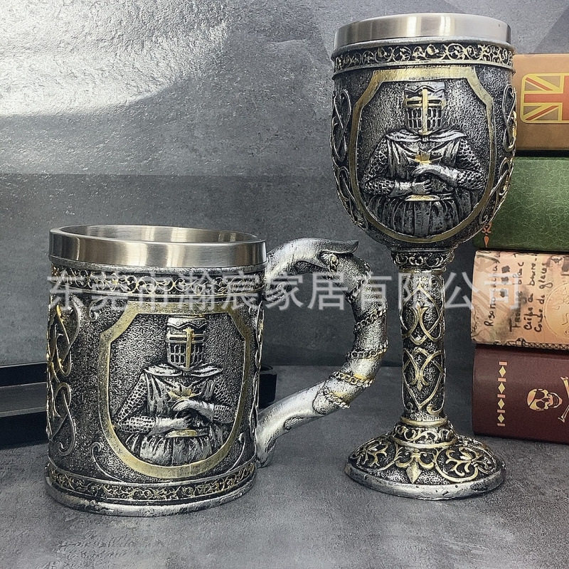 Knight Stainless Steel Goblet Vintage Beer Mug Whiskey Mug Creative Embossed Resin Decorations Personalized Mug