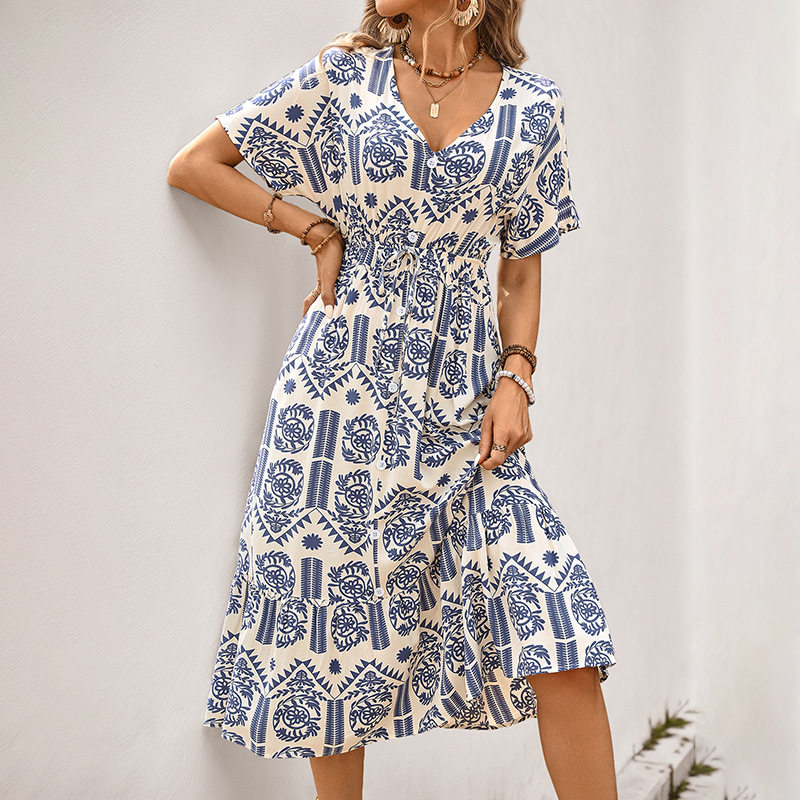 Casual Summer Dress Short Sleeve V Neck Ethnic Print Vacation Wear Wholesale Available bulk order