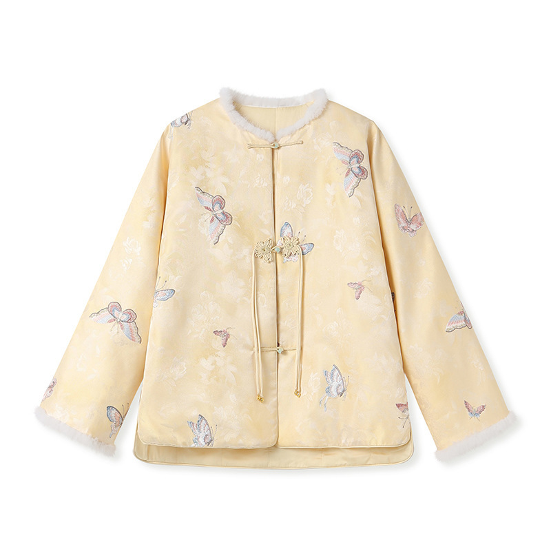 Áo khoác bông nữ dáng suông thêu bướm hoa cúc bấm — Màu vàng [bản có lót bông]