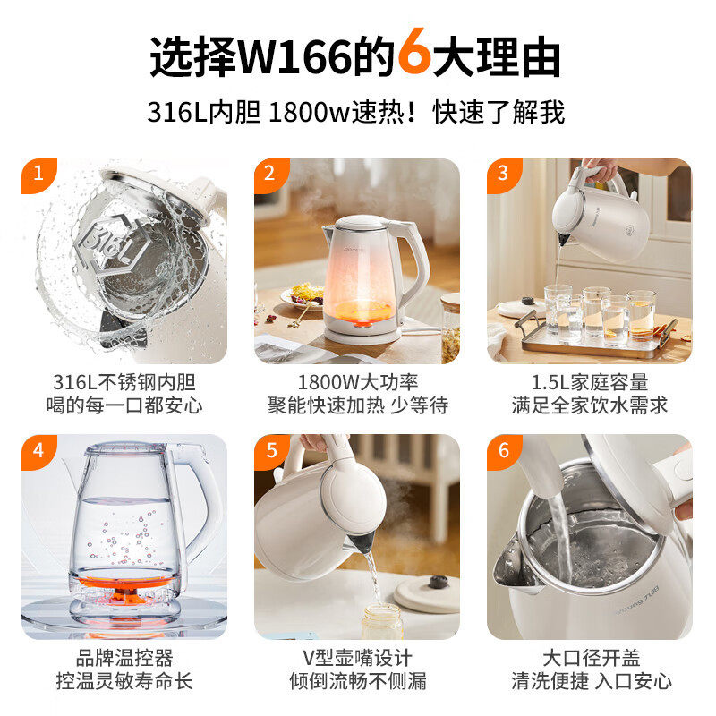 Jiuyang K15FD-W166 electric kettle double-layer anti-scald 316L stainless steel household large capacity electric kettle