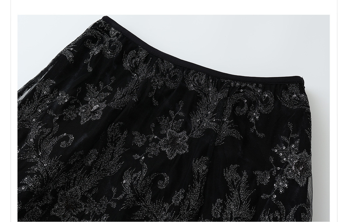 Chân váy dài xòe nhiều tầng thêu sequin nhung dệt hoa — Đen tuyền, Mễ Hạnh, Xám bạc
