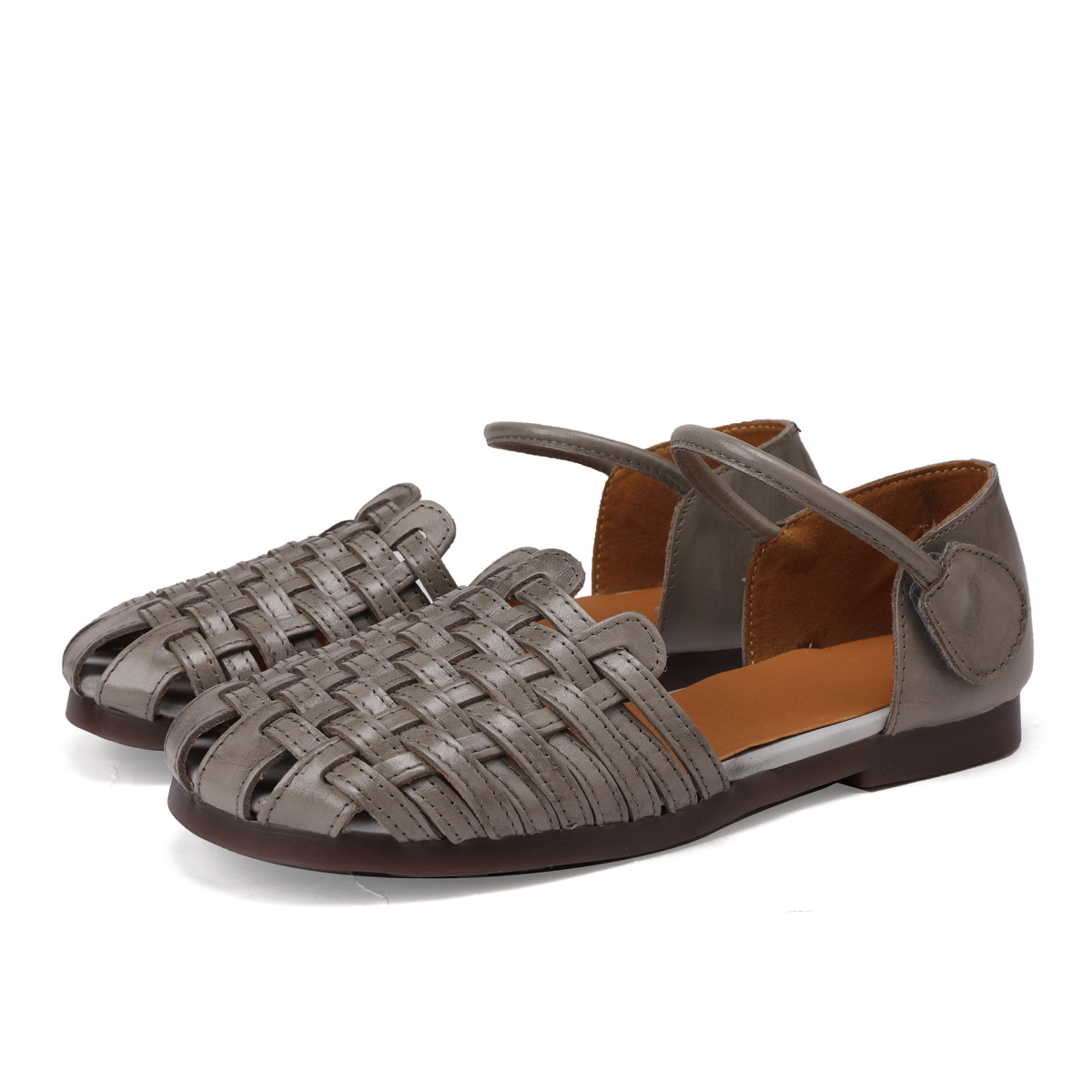 Sandal nữ quai ngang da bò thật đế mềm thủ công êm chân — Màu hồng sen, màu xám
