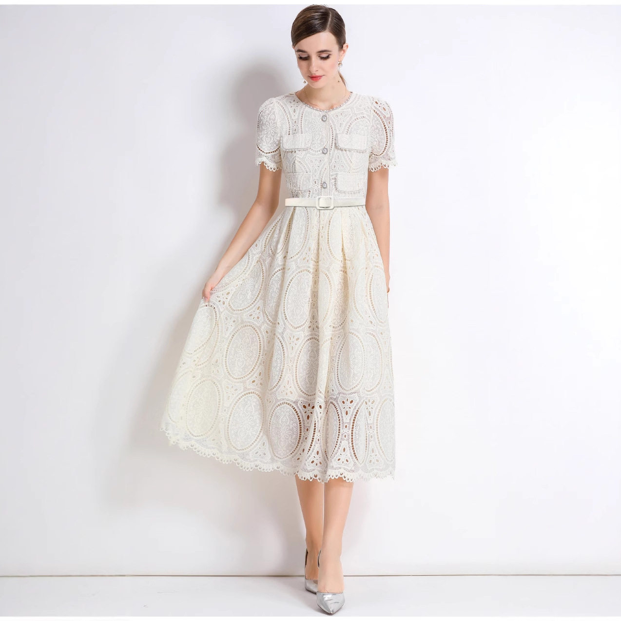 French Elegant Beaded Round Neck Short Sleeve Lace Dress Hollow Out Waist Tie Chic Design Perfect for Parties and
