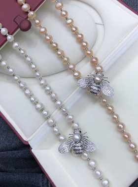 新款天然淡水珍珠中长款毛衣链近圆微瑕冷淡风蜜蜂珍珠项链女